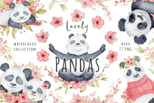Lovely Pandas and Sakura Watercolor Set Illustrations