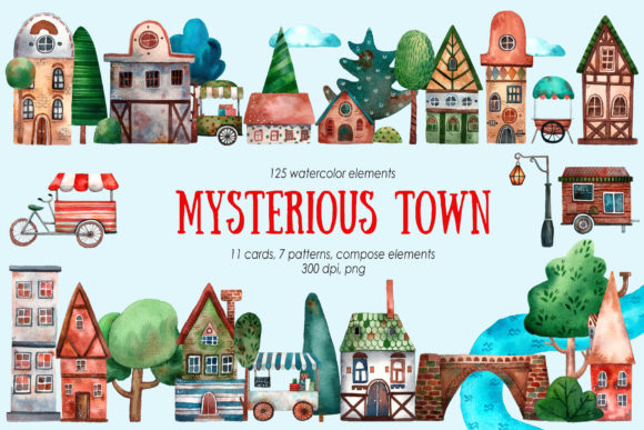 Mysterious Town Watercolor Clip Art & Illustrations
