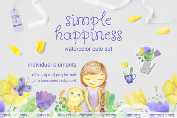 Set of Watercolor Flowers, Leaves, Cat and Girl Illustrations
