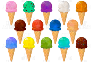 Watercolor Ice Cream Cones Clip Art & Illustrations